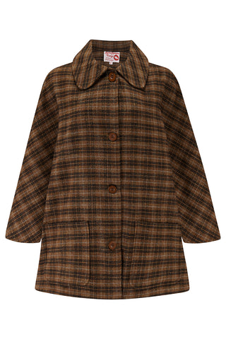 The "Dixie Cape" in Woven BrownCheck, 100% Wool With Luxury Satin Lining, Classic Rockabilly Style (Copy)