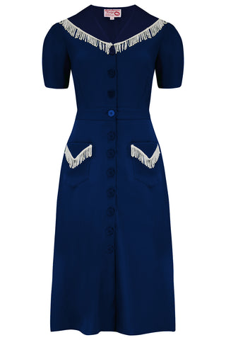 The "Dolly" Fringed Dress in Navy With Ivory , Authentic 1950s Vintage Western Style