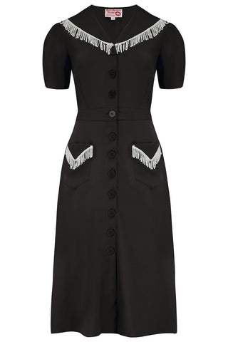 The "Dolly" Fringed Dress in Black With Ivory, Authentic 1950s Vintage Western Style
