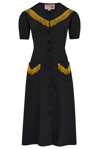 The "Dolly" Fringed Dress in Black with Gold Tassels, Authentic 1950s Vintage Western Style