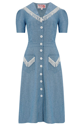The "Dolly" Fringed Dress in 100% Cotton Chambray, Authentic 1950s Vintage Western Style