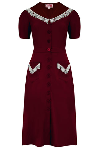 The "Dolly" Fringed Dress in Wine With Ivory, Authentic 1950s Vintage Western Style