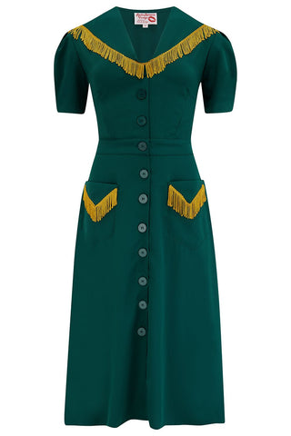 The "Dolly" Fringed Dress in Green with Gold Tassels, Authentic 1950s Vintage Western Style