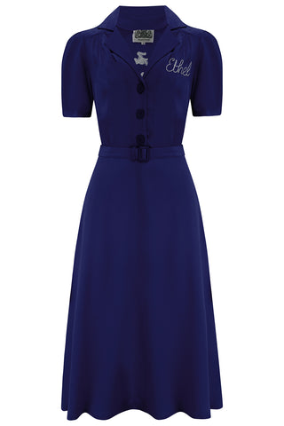 Ethel-49er Dress in French Navy By The Seamstress Of Bloomsbury, Classic 1940s Vintage Inspired Style