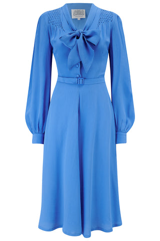 "Eva" Dress in Palace Blue, Classic 1940's Style Long Sleeve Dress with Pussy Bow Tie Neck