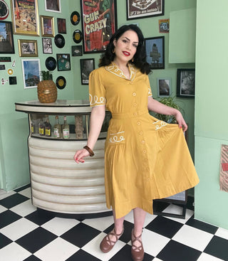 The "Loopy-Lou" Shirtwaister Dress in Mustard with Contrast RicRac, True 1950s Vintage Style - CC41, Goodwood Revival, Twinwood Festival, Viva Las Vegas Rockabilly Weekend Rock n Romance Rock n Romance