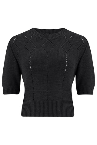 The "Frances" Short Sleeve Pullover Jumper in Black, Classic 1940s & 50s Vintage Style