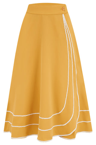 The "Glynis" Wrap Around Circle Skirt with Pockets in Mustard with Ivory Ric Rac, True & Authentic 1950s Vintage Style