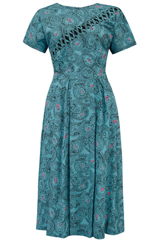 The "Cecilia" Lattice Dress With Detachable Bow in Melody Print, True 1940s Early 50s Vintage Style