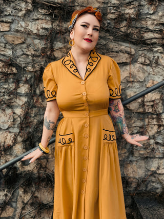 The "Loopy-Lou" Shirtwaister Dress in Mustard with Contrast Black RicRac, True 1950s Vintage Style