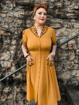 The "Loopy-Lou" Shirtwaister Dress in Mustard with Contrast Black RicRac, True 1950s Vintage Style