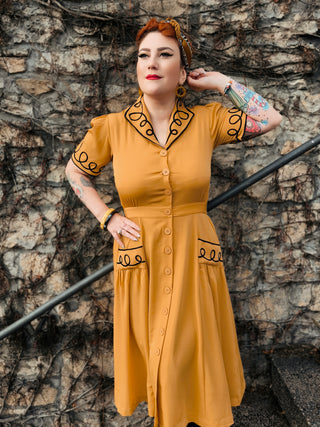 The "Loopy-Lou" Shirtwaister Dress in Mustard with Contrast Black RicRac, True 1950s Vintage Style