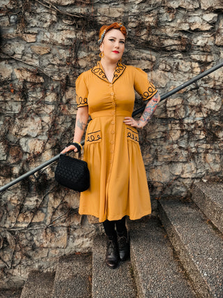 The "Loopy-Lou" Shirtwaister Dress in Mustard with Contrast Black RicRac, True 1950s Vintage Style