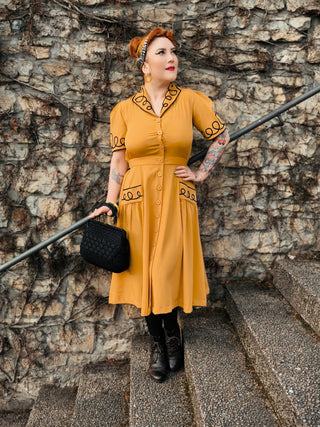 The "Loopy-Lou" Shirtwaister Dress in Mustard with Contrast Black RicRac, True 1950s Vintage Style