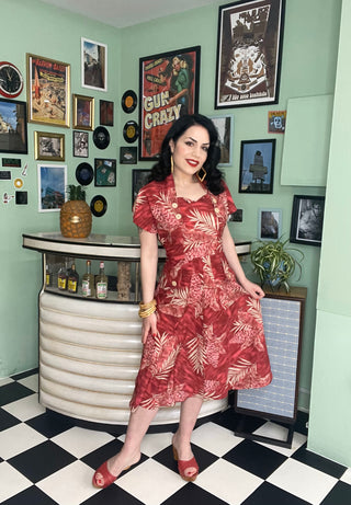 The "Ayda" 2pc Dress & Detachable Shrug Bolero Set In Ruby Palm, True Vintage Style - CC41, Goodwood Revival, Twinwood Festival, Viva Las Vegas Rockabilly Weekend Rock n Romance Rock n Romance