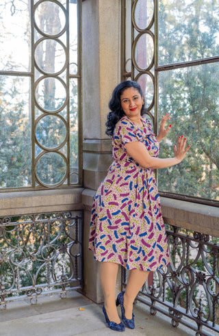 The "Cecilia" Lattice Dress With Detachable Bow in Confetti Print, True 1940s Early 50s Vintage Style