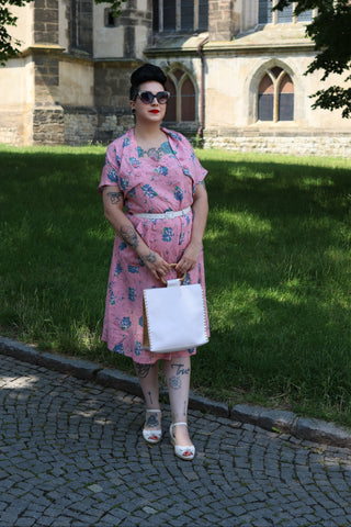 The "Ayda" 2pc Dress & Detachable Shrug Bolero Set In Pink Summer Bouquet, True Vintage Style