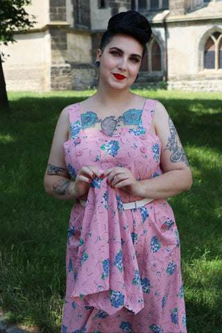 The "Ayda" 2pc Dress & Detachable Shrug Bolero Set In Pink Summer Bouquet, True Vintage Style