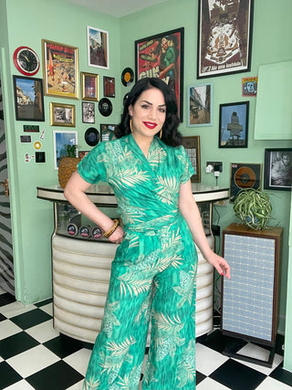 The "Darla" Short Sleeve Wrap Blouse in Emerald Palm Print, True Vintage Style - CC41, Goodwood Revival, Twinwood Festival, Viva Las Vegas Rockabilly Weekend Rock n Romance Rock n Romance