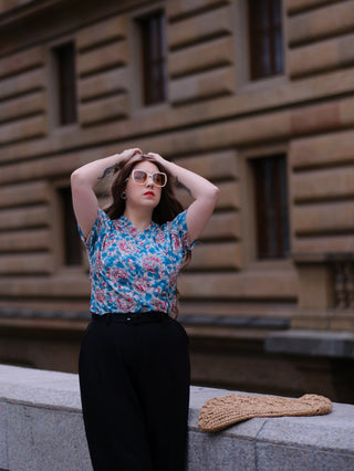 The "Darla" Short Sleeve Wrap Blouse in Summer Breeze Print, True 1950s Vintage Style