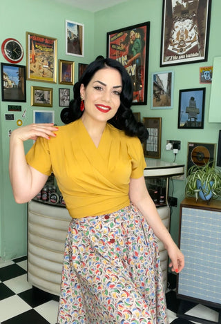 The "Darla" Short Sleeve Wrap Blouse in Mustard, True Vintage Style - CC41, Goodwood Revival, Twinwood Festival, Viva Las Vegas Rockabilly Weekend Rock n Romance Rock n Romance