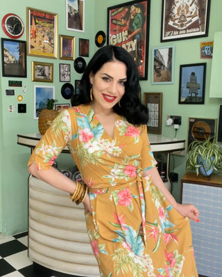 **Sample Sale** The "Vivien" Full Wrap Dress in Mustard Honolulu, True 1940s To Early 1950s Style - CC41, Goodwood Revival, Twinwood Festival, Viva Las Vegas Rockabilly Weekend Rock n Romance Rock n Romance