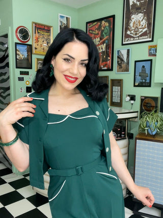 The "Lucille" 2pc Sweetheart Dress & Bolero Set In Green & Ivory Contrast, True Late 1940s - Early 50s Vintage Style - CC41, Goodwood Revival, Twinwood Festival, Viva Las Vegas Rockabilly Weekend Rock n Romance Rock n Romance