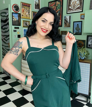 The "Lucille" 2pc Sweetheart Dress & Bolero Set In Green & Ivory Contrast, True Late 1940s - Early 50s Vintage Style - CC41, Goodwood Revival, Twinwood Festival, Viva Las Vegas Rockabilly Weekend Rock n Romance Rock n Romance