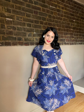 The "Ayda" 2pc Dress & Detachable Shrug Bolero Set In Sapphire Palm, True Vintage Style - CC41, Goodwood Revival, Twinwood Festival, Viva Las Vegas Rockabilly Weekend Rock n Romance Rock n Romance