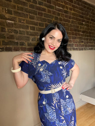 The "Ayda" 2pc Dress & Detachable Shrug Bolero Set In Sapphire Palm, True Vintage Style - CC41, Goodwood Revival, Twinwood Festival, Viva Las Vegas Rockabilly Weekend Rock n Romance Rock n Romance