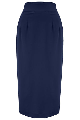 The "Jitterbug" Pencil Skirt with Kick-Pleat in Navy, Iconic 1950s Vintage Style