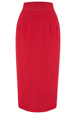 The "Jitterbug" Pencil Skirt with Kick-Pleat in Red, Iconic 1950s Vintage Style