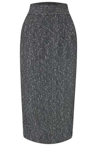 RnR "Luxe" Range "Jitterbug" Pencil Skirt with Kick-Pleat in Black & White Herringbone Wool, Iconic 1950s Vintage Style