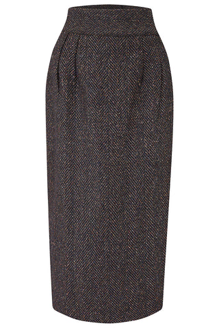 RnR "Luxe" Range "Jitterbug" Pencil Skirt with Kick-Pleat in Multi Fleck Wool, Iconic 1950s Vintage Style