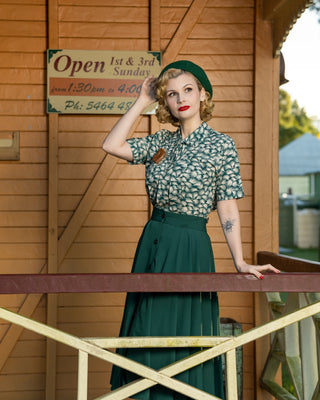 The "Beverly" Button Front Full Circle Skirt with Pockets in Solid Green, Authentic 1950s Vintage Style