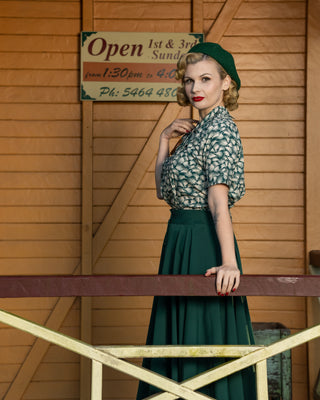 The "Beverly" Button Front Full Circle Skirt with Pockets in Solid Green, Authentic 1950s Vintage Style