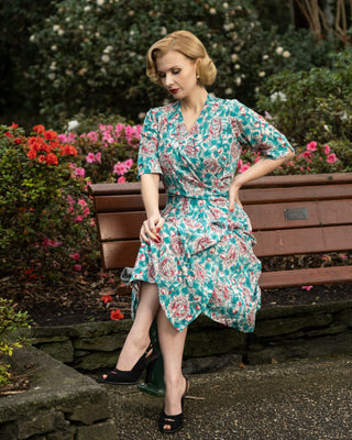 The "Vivien" Full Wrap Dress in Summer Breeze Print, True 1940s To Early 1950s Style