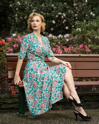 The "Vivien" Full Wrap Dress in Summer Breeze Print, True 1940s To Early 1950s Style