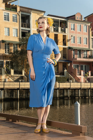 "Mabel" Waterfall Dress in Palace Blue, A Classic 1940s Inspired Vintage Style