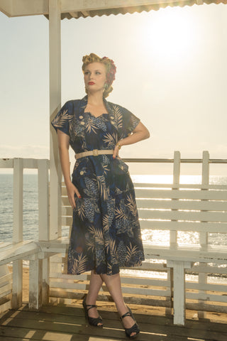 The "Ayda" 2pc Dress & Detachable Shrug Bolero Set In Sapphire Palm, True Vintage Style - CC41, Goodwood Revival, Twinwood Festival, Viva Las Vegas Rockabilly Weekend Rock n Romance Rock n Romance