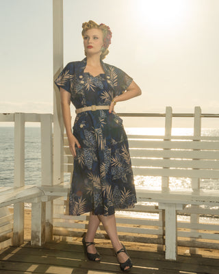 The "Ayda" 2pc Dress & Detachable Shrug Bolero Set In Sapphire Palm, True Vintage Style - CC41, Goodwood Revival, Twinwood Festival, Viva Las Vegas Rockabilly Weekend Rock n Romance Rock n Romance