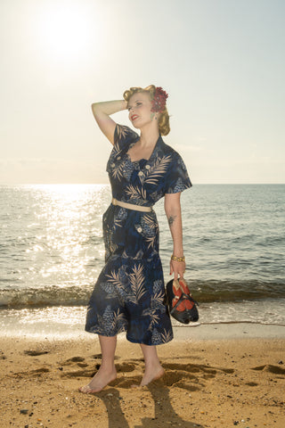 The "Ayda" 2pc Dress & Detachable Shrug Bolero Set In Sapphire Palm, True Vintage Style - CC41, Goodwood Revival, Twinwood Festival, Viva Las Vegas Rockabilly Weekend Rock n Romance Rock n Romance