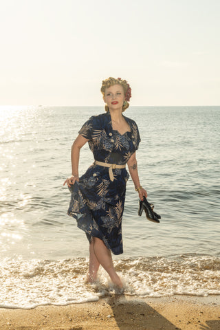 The "Ayda" 2pc Dress & Detachable Shrug Bolero Set In Sapphire Palm, True Vintage Style - CC41, Goodwood Revival, Twinwood Festival, Viva Las Vegas Rockabilly Weekend Rock n Romance Rock n Romance