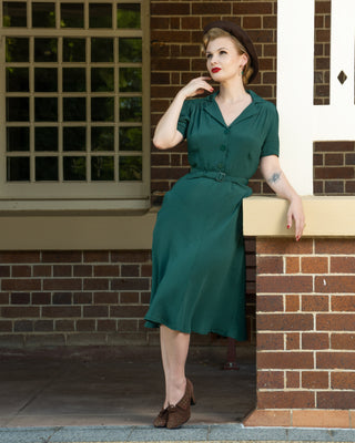 "Lisa" Shirt Dress in Hampton Green, Authentic 1940s Vintage Style at its Best