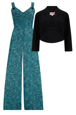 The "Lana" Palazzo Jump Suit & Bolero 2pc Set in Melody Print, Easy To Wear Vintage Style