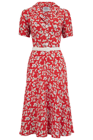 "Lisa" Shirt Dress in Pansy Print, Authentic 1940s Vintage Style Tea Dress at its Best