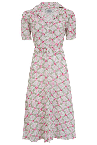 "Lisa" Shirt Dress in Rose Kiss Print, Authentic 1940s Vintage Style Tea Dress at its Best