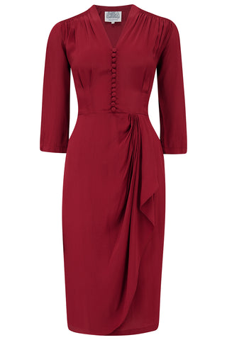 "Mabel" 3/4 Length Sleeve Waterfall Dress in Windsor Wine, A Classic 1940s Inspired Vintage Style