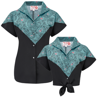 The "Maisy" Tuck in or Tie Up Blouse in Black & Melody Print, Classic Vintage Western Style