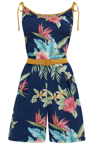 The "Marcie" Beach Playsuit / Romper in Navy Honolulu With Green Contrasts, True & Authentic 1950s Vintage Style